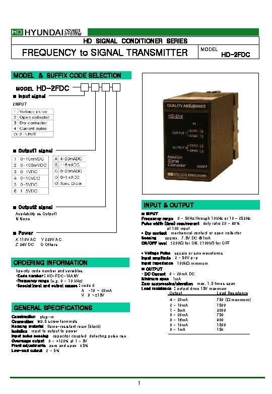 HD SIGNAL CONDITIONER SERIES FREQUENCY to SIGNAL TRANSMITTER MODEL HD-2 FDC MODEL & SUFFIX