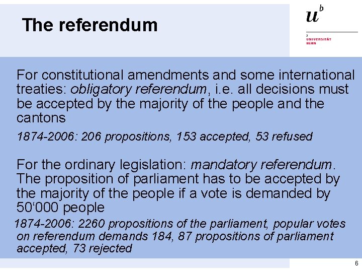 The referendum For constitutional amendments and some international treaties: obligatory referendum, i. e. all The referendum For constitutional amendments and some international treaties: obligatory referendum, i. e. all
