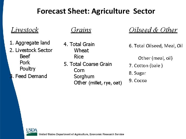 Forecast Sheet: Agriculture Sector Livestock 1. Aggregate land 2. Livestock Sector Beef Pork Poultry Forecast Sheet: Agriculture Sector Livestock 1. Aggregate land 2. Livestock Sector Beef Pork Poultry