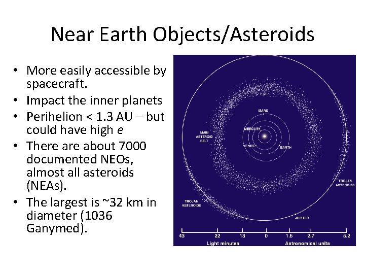 Near Earth Objects/Asteroids • More easily accessible by spacecraft. • Impact the inner planets