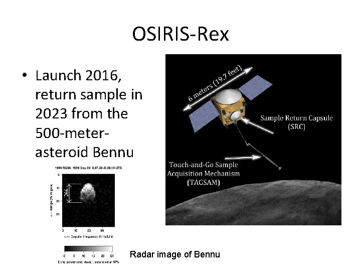 OSIRIS-Rex • Launch 2016, return sample in 2023 from the 500 -meterasteroid Bennu Radar