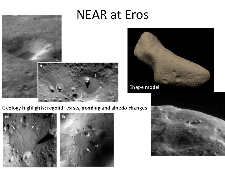 NEAR at Eros Shape model Geology highlights: regolith exists, ponding and albedo changes 