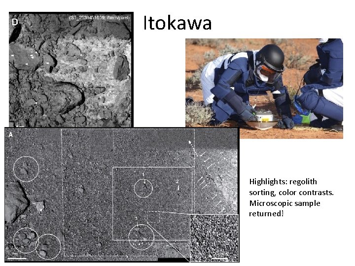 Itokawa Highlights: regolith sorting, color contrasts. Microscopic sample returned! 