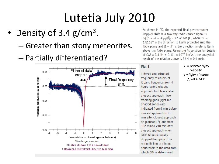 Lutetia July 2010 • Density of 3. 4 g/cm 3. – Greater than stony