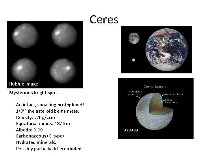Ceres Hubble image Mysterious bright spot. An intact, surviving protoplanet! 1/3 rd the asteroid