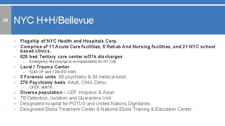25 NYC H+H/Bellevue • • • Flagship of NYC Health and Hospitals Corp. Comprise