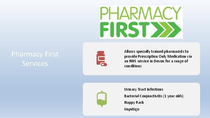 Pharmacy First Services Allows specially trained pharmacists to provide Prescription Only Medication via an