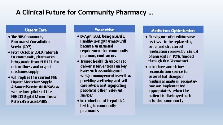 A Clinical Future for Community Pharmacy … Urgent Care • The NHS Community Pharmacist