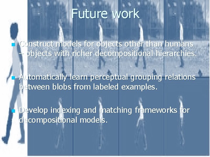 Future work n n n Construct models for objects other than humans – objects
