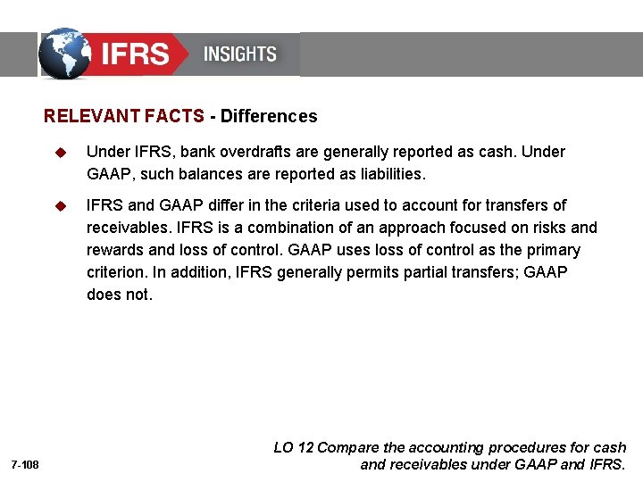 RELEVANT FACTS - Differences 7 -108 u Under IFRS, bank overdrafts are generally reported
