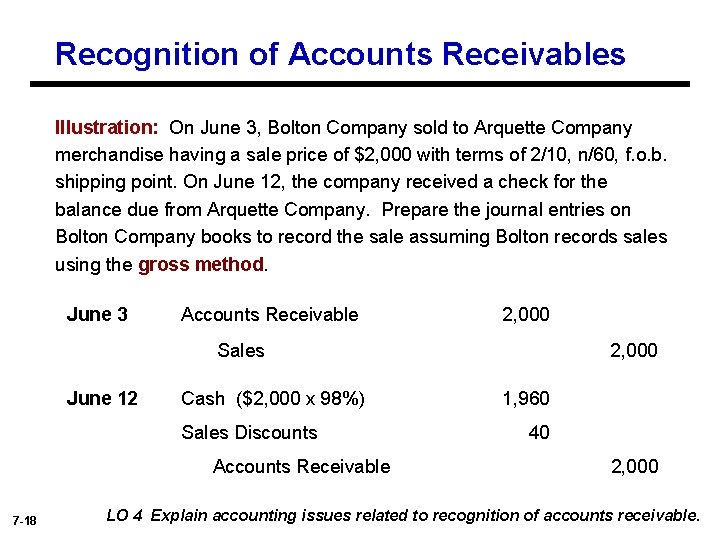 Recognition of Accounts Receivables Illustration: On June 3, Bolton Company sold to Arquette Company