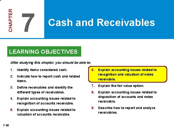 7 Cash and Receivables LEARNING OBJECTIVES After studying this chapter, you should be able