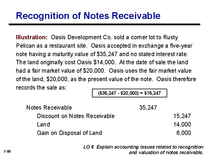 Recognition of Notes Receivable Illustration: Oasis Development Co. sold a corner lot to Rusty