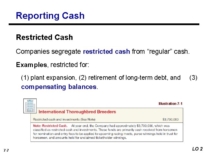Reporting Cash Restricted Cash Companies segregate restricted cash from “regular” cash. Examples, restricted for:
