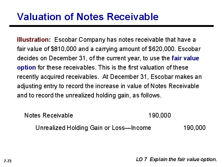 Valuation of Notes Receivable Illustration: Escobar Company has notes receivable that have a fair
