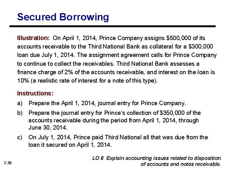 Secured Borrowing Illustration: On April 1, 2014, Prince Company assigns $500, 000 of its