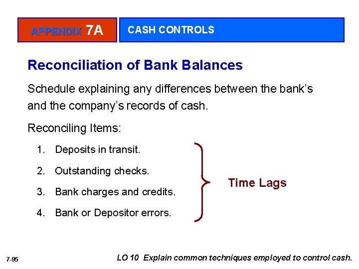 APPENDIX 7 A CASH CONTROLS Reconciliation of Bank Balances Schedule explaining any differences between