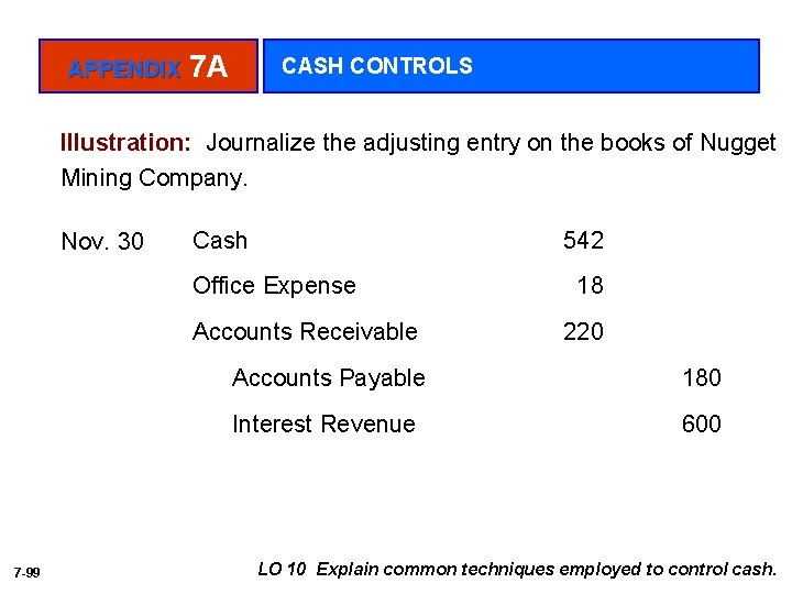 APPENDIX 7 A CASH CONTROLS Illustration: Journalize the adjusting entry on the books of