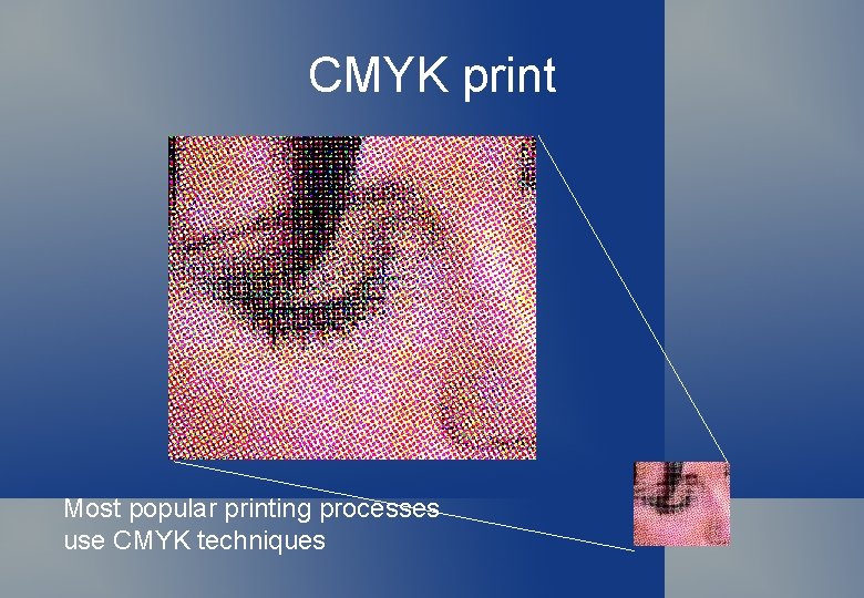 CMYK print Most popular printing processes use CMYK techniques 