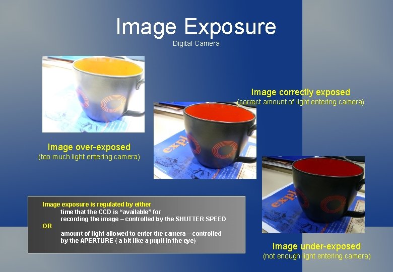 Image Exposure Digital Camera Image correctly exposed (correct amount of light entering camera) Image