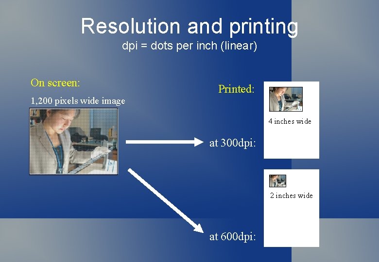 Resolution and printing dpi = dots per inch (linear) On screen: 1, 200 pixels