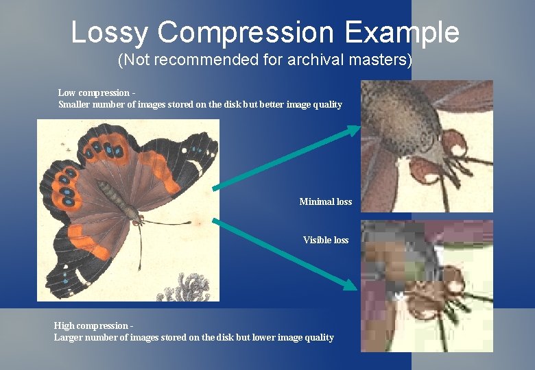 Lossy Compression Example (Not recommended for archival masters) Low compression Smaller number of images