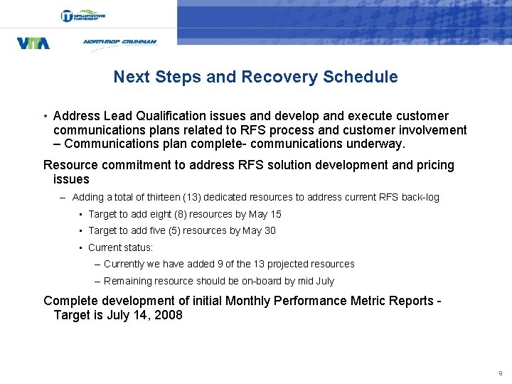 Next Steps and Recovery Schedule • Address Lead Qualification issues and develop and execute