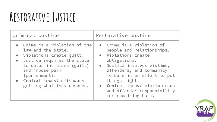 Restorative Justice Criminal Justice ● ● Crime is a violation of the law and