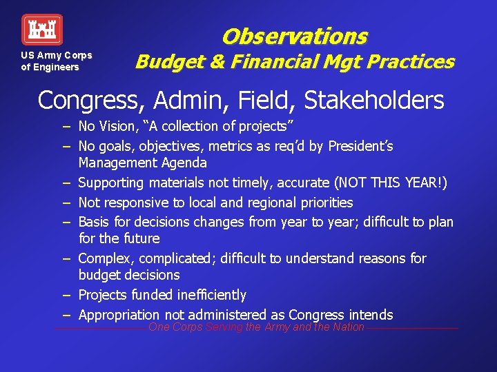 US Army Corps of Engineers Observations Budget & Financial Mgt Practices Congress, Admin, Field,