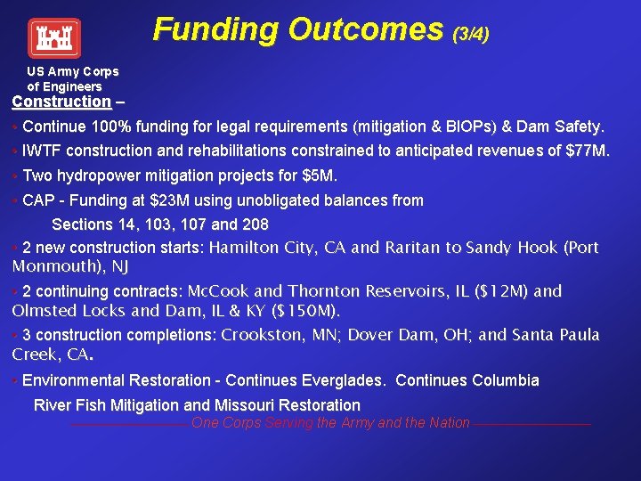 Funding Outcomes (3/4) US Army Corps of Engineers Construction – • Continue 100% funding