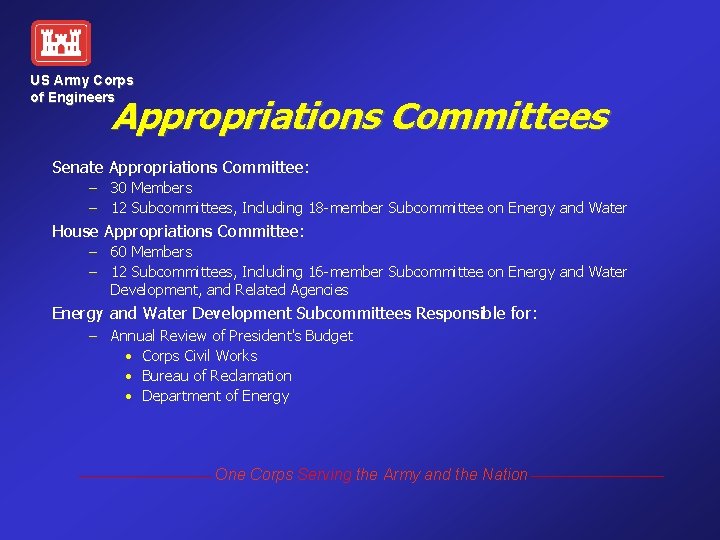 US Army Corps of Engineers Appropriations Committees Senate Appropriations Committee: – 30 Members –