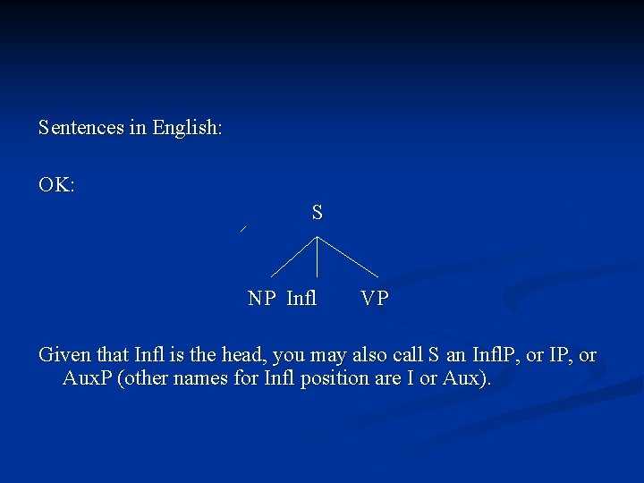 Sentences in English: OK: S NP Infl VP Given that Infl is the head,