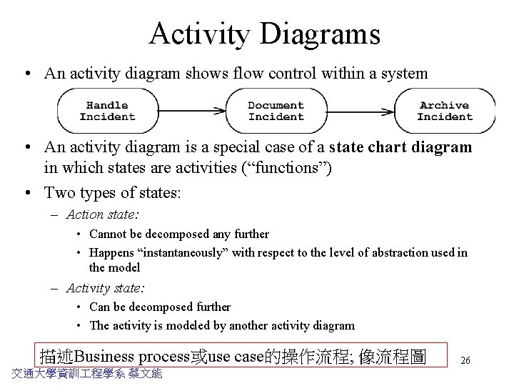 Activity Diagrams • An activity diagram shows flow control within a system • An