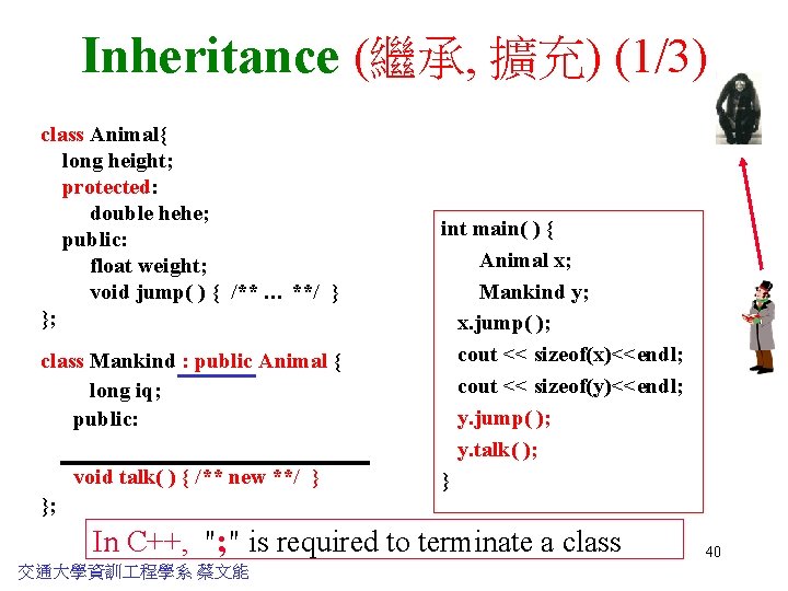 Inheritance (繼承, 擴充) (1/3) class Animal{ long height; protected: double hehe; public: float weight;