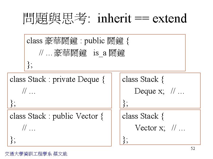 問題與思考: inherit == extend class 豪華鬧鐘 : public 鬧鐘 { // …豪華鬧鐘 is_a 鬧鐘