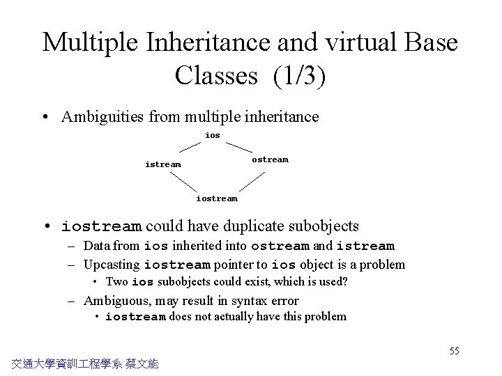 Multiple Inheritance and virtual Base Classes (1/3) • Ambiguities from multiple inheritance ios ostream