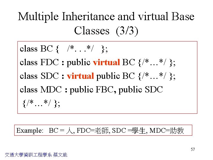 Multiple Inheritance and virtual Base Classes (3/3) class BC { /*. . . */