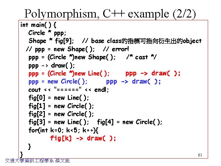 Polymorphism, C++ example (2/2) int main( ) { Circle * ppp; Shape * fig[9];