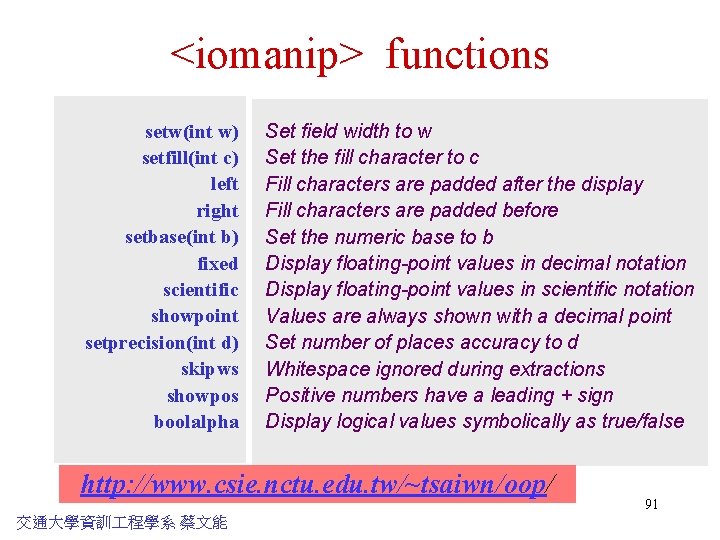 <iomanip> functions setw(int w) setfill(int c) left right setbase(int b) fixed scientific showpoint setprecision(int