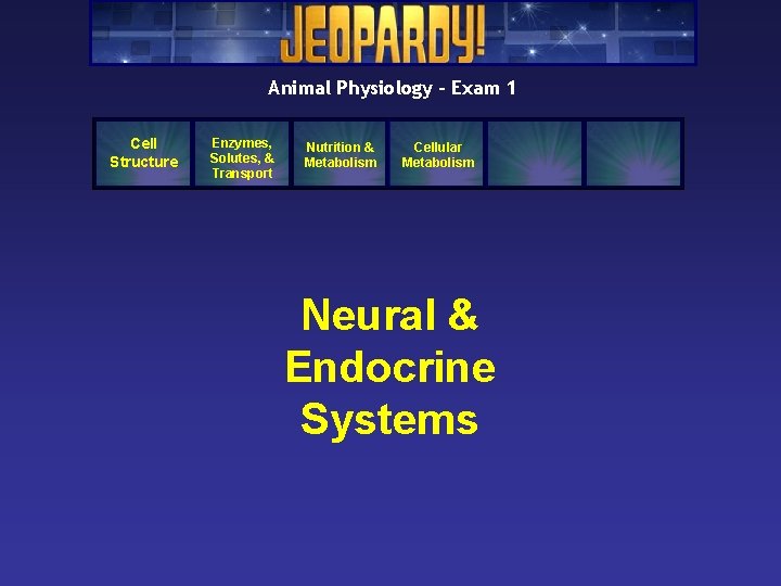 Animal Physiology – Exam 1 Cell Structure Enzymes, Solutes, & Transport Nutrition & Metabolism Animal Physiology – Exam 1 Cell Structure Enzymes, Solutes, & Transport Nutrition & Metabolism