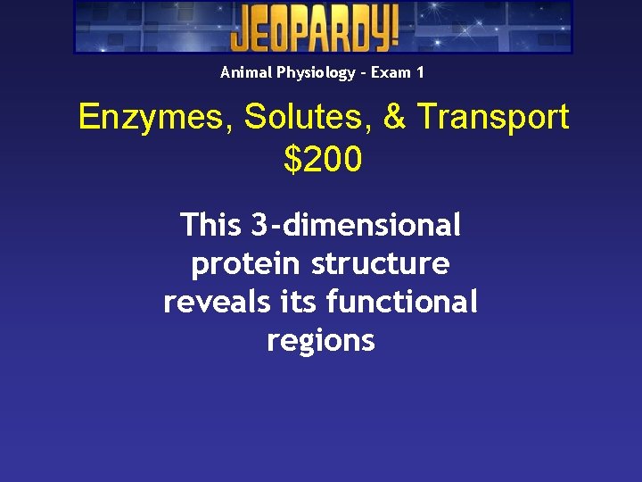 Animal Physiology – Exam 1 Enzymes, Solutes, & Transport $200 This 3 -dimensional protein Animal Physiology – Exam 1 Enzymes, Solutes, & Transport $200 This 3 -dimensional protein