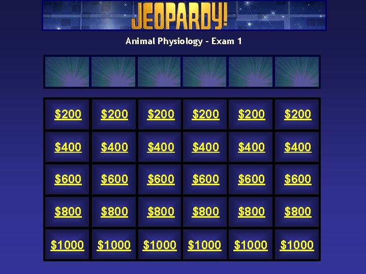 Animal Physiology – Exam 1 $200 $200 $400 $400 $600 $600 $800 $800 $1000 Animal Physiology – Exam 1 $200 $200 $400 $400 $600 $600 $800 $800 $1000