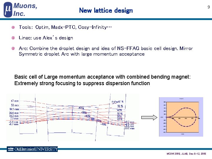 9 New lattice design Tools： Optim, Madx-PTC, Cosy-Infinity… Linac: use Alex’s design Arc: Combine