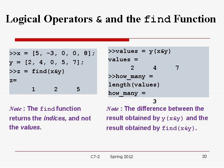Logical Operators & and the find Function >>x = [5, -3, 0, 0, 8];