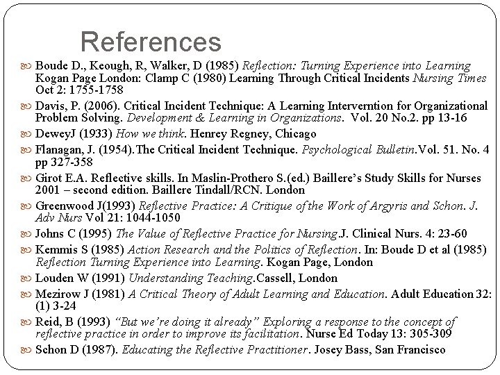 References Boude D. , Keough, R, Walker, D (1985) Reflection: Turning Experience into Learning