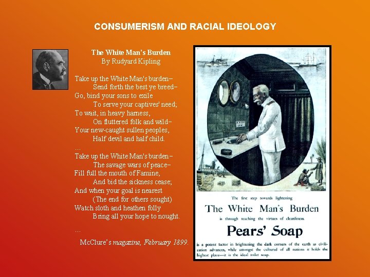 CONSUMERISM AND RACIAL IDEOLOGY The White Man’s Burden By Rudyard Kipling Take up the