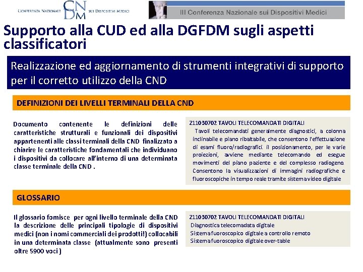Supporto alla CUD ed alla DGFDM sugli aspetti classificatori Realizzazione ed aggiornamento di strumenti