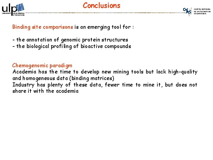 Conclusions CENTRE NATIONAL DE LA RECHERCHE SCIENTIFIQUE Binding site comparisons is an emerging tool