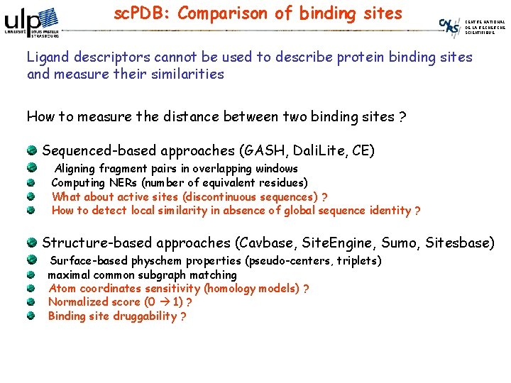 sc. PDB: Comparison of binding sites CENTRE NATIONAL DE LA RECHERCHE SCIENTIFIQUE Ligand descriptors