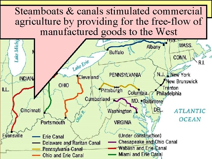 Principle Canals by 1840 Steamboats & canals stimulated commercial agriculture by providing for the